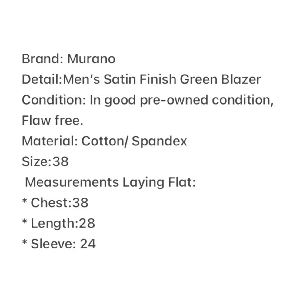 Murano Mens Slim Fit Green Satin Finish Blazer Sport Coat Size 38 R Cotton Blend